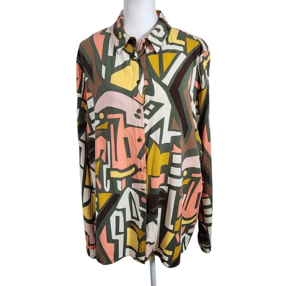 Big Dart Multi-Color Abstract Geometric Print Blouse Size 2X Colorful Retro Top